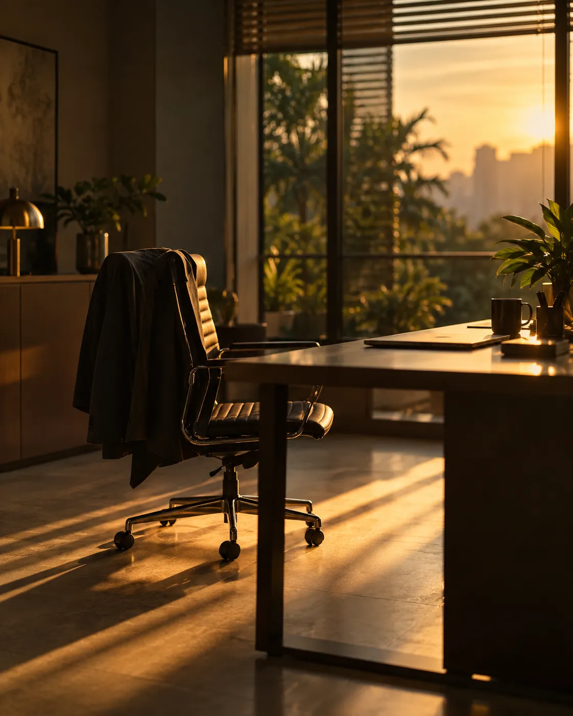 Fim de expediente, com a cadeira afastada da mesa e luz dourada
