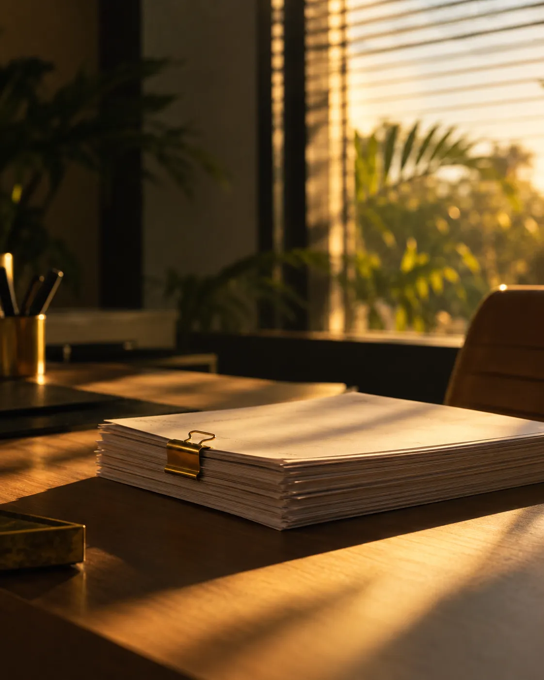 Pilha pequena de documentos organizados sobre a mesa