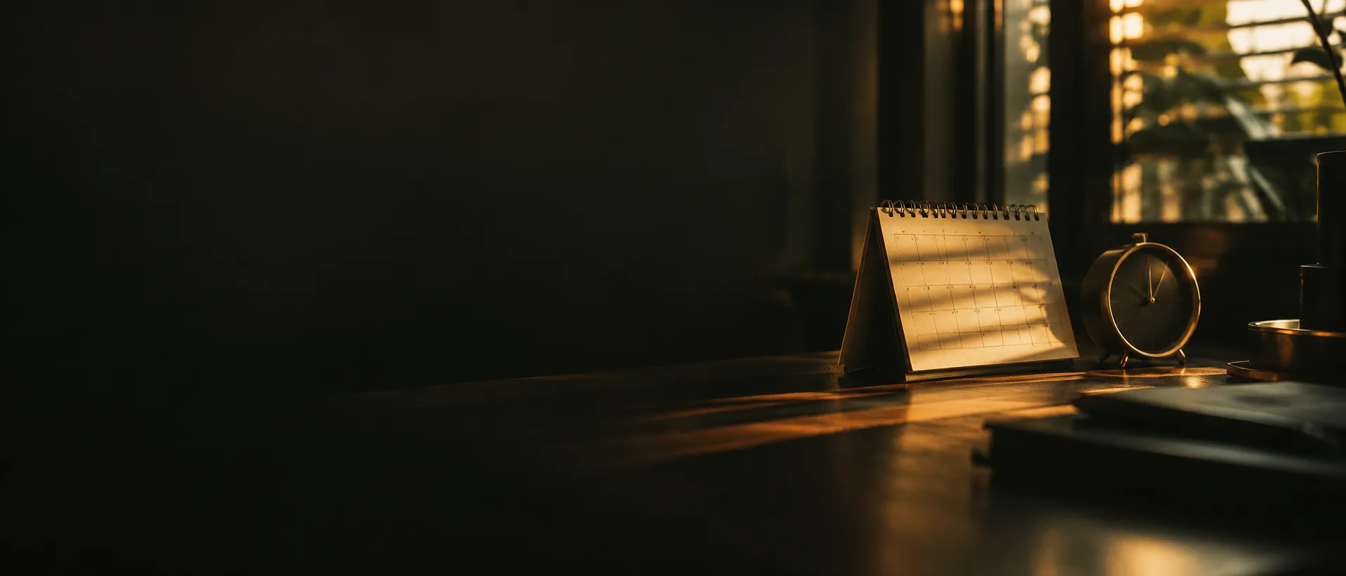 Calendário e relógio de mesa na penumbra